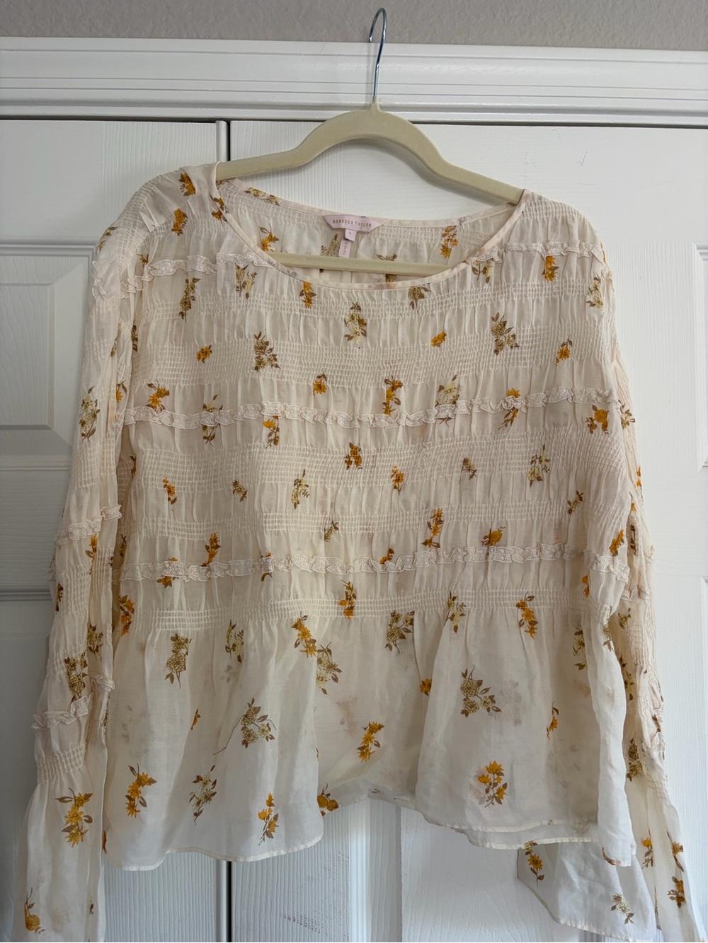 Rebecca Taylor Cream Floral Smocked Peasant Blouse with Yellow Accents